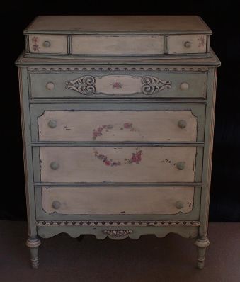 Green and peach Victorian cottage-style cabinet-top dresser; 1900-1920s.